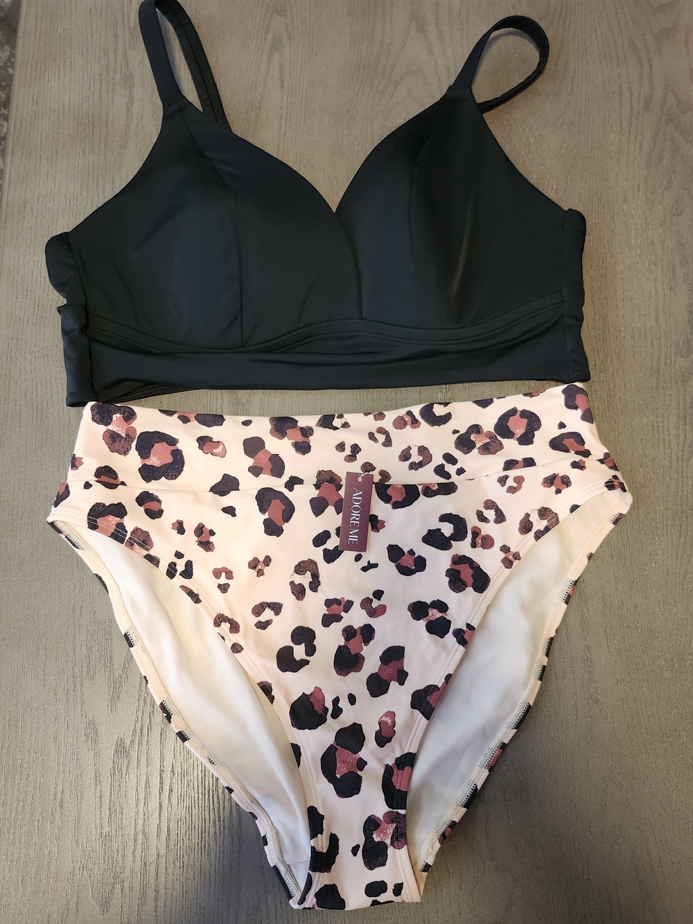 Adore Me Black Bikini Top with Cream Leopard High-Waist Bottoms